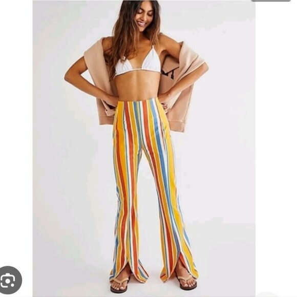 Free People Real Deal Front Spilt Flare Striped Pants L Large Bell Bottoms - Picture 1 of 7